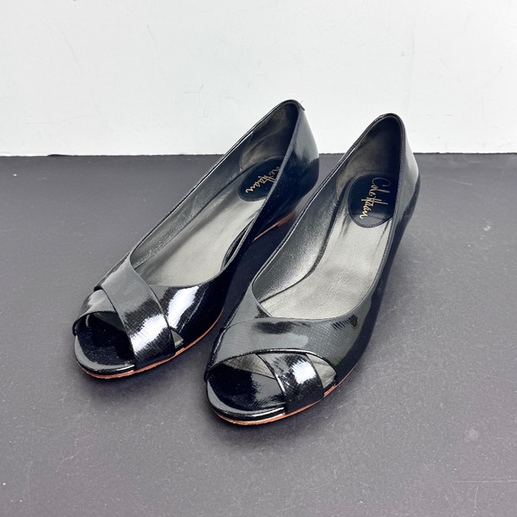Cole Haan Air Elly Criss-Cross Black Patent Peep-Toe Wedge Shoes, Size 8 - Picture 1 of 9
